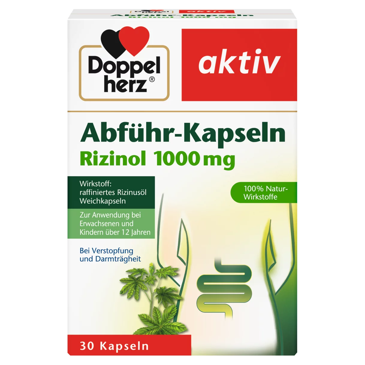 Abbildung der Produktverpackung Doppelherz aktiv Abführ-Kapseln Rizinol 1000 mg Frontansicht